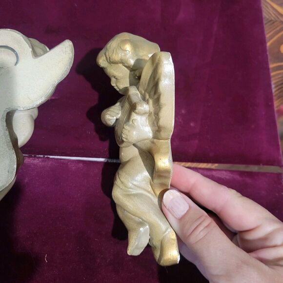 Vintage Cherub Pair Chalk Ware Plaster Wall Decor Hollywood Regency Gold Tone MC - Picture 10 of 16